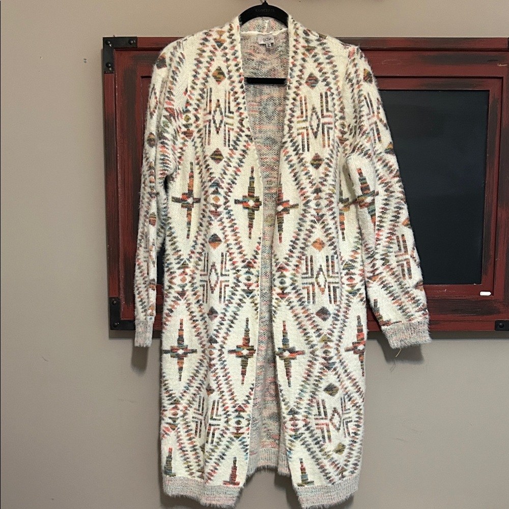 Women's Geometric Knit Cardigan - Cream and Brown